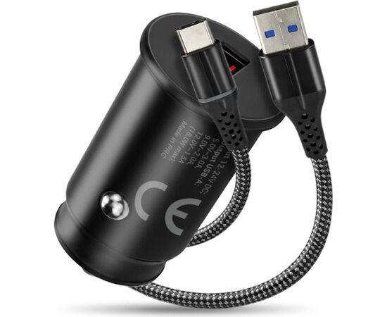 Car charger 1 X USB QC3.0 18W black + cable USB-C 1m Зарядные устройства