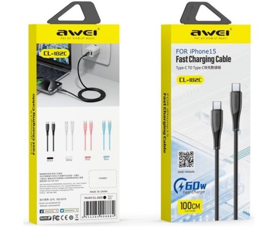 USB cable Awei CL-182i USB-C to Lightning 1.0m white Data USB kabeļi