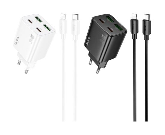 Hoco   Phone charger Hoco 2 x USB C + 2 x USB A QC3.0 PD 3A 30W + cable USB C to Lightning N56 white Telefonu lādētāji 220v