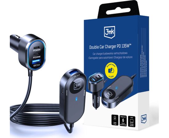 3mk Double Car Charger 135W PD QC PPS USB 2A4C Black/Gray Новинки Компьютерная техника