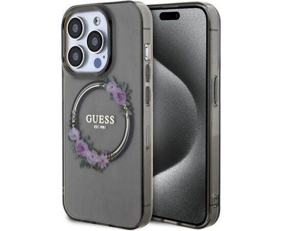 Guess Apple  iPhone 15 Pro PC TPU Flowers Ring Glossy Logo MagSafe Transparent Black Neoriģinālie Maciņi