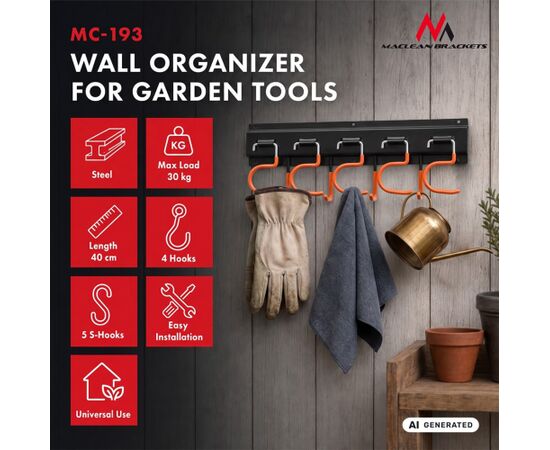 Maclean Wall-Mounted Garden Tool Organizer, steel, with hooks, max. load 30 kg, width 40 cm, MC-193 Мебель для прихожей