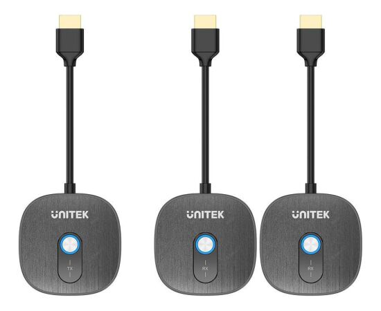 Bezvadu HDMI 1080p AV signāla pārraides sistēma Unitek, 1 raidītājs + 2 uztvērēji, Black Adapteri