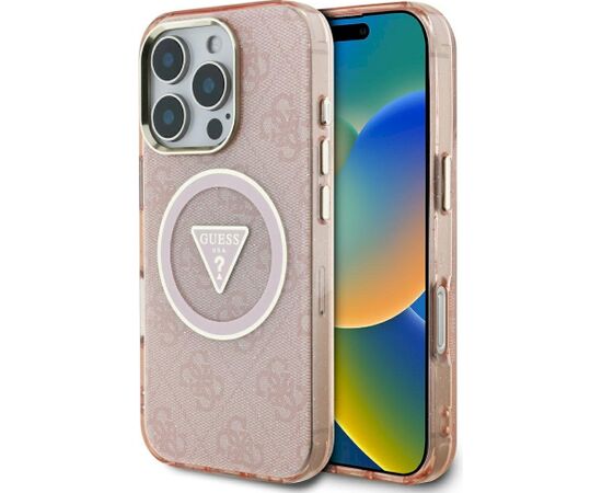Case Guess IML Metal Glitter 4G Circle Triangle MagSafe Aizsargapvalks priekš iPhone 16 Pro Max / rozā Neoriģinālie Maciņi