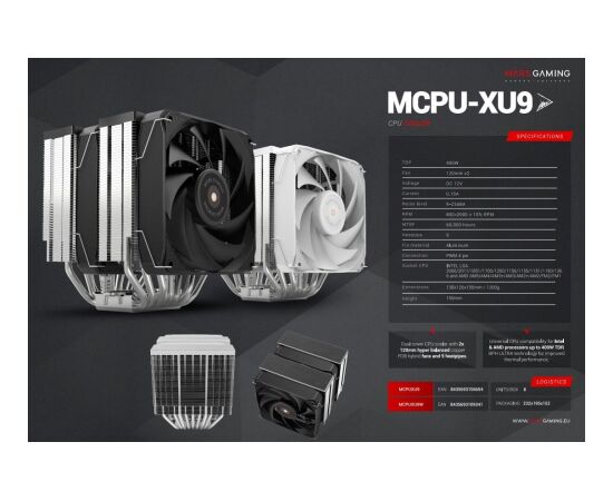 Mars Gaming MCPUXU9W CPU dzesētājs 400W TDP / 2x 120mm Datoru korpusi