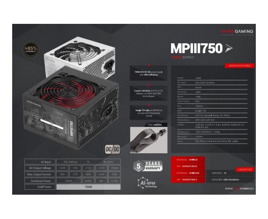 Mars Gaming MPIII750W Barošanas bloks ATX 750W Datoru barošanas bloki