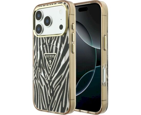 Guess IML Zebra Glitter Triangle Logo MagSafe Aizsargapvalks priekš iPhone 18 Pro / iPhone 17 Pro / zelta Neoriģinālie Maciņi