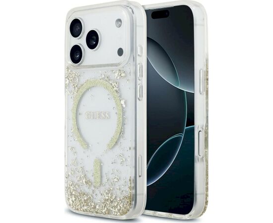 Guess Resin Bottom Glitter MagSafe Case Aizsargapvalks priekš iPhone 18 Pro / iPhone 17 Pro / zelta Neoriģinālie Maciņi