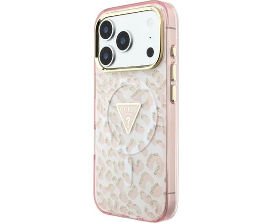 Guess IML Leopard Glitter Triangle Logo MagSafe Aizsargapvalks priekš iPhone 18 Pro / iPhone 17 Pro / rozā Neoriģinālie Maciņi