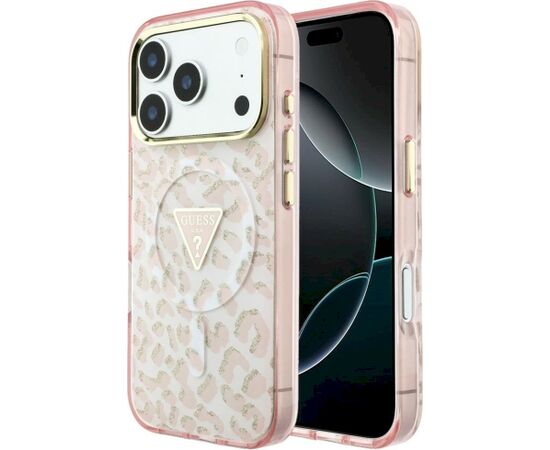Guess IML Leopard Glitter Triangle Logo MagSafe Aizsargapvalks priekš iPhone 18 Pro Max / iPhone 17 Pro Max / rozā Neoriģinālie Maciņi