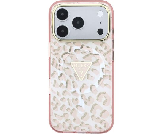 Guess IML Leopard Glitter Triangle Logo MagSafe Aizsargapvalks priekš iPhone 18 Pro Max / iPhone 17 Pro Max / rozā Neoriģinālie Maciņi
