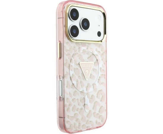 Guess IML Leopard Glitter Triangle Logo MagSafe Aizsargapvalks priekš iPhone 18 Pro Max / iPhone 17 Pro Max / rozā Neoriģinālie Maciņi