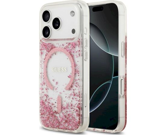 Guess Resin Bottom Glitter MagSafe Case Aizsargapvalks priekš iPhone 18 Pro / iPhone 17 Pro / rozā Neoriģinālie Maciņi