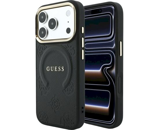Guess Saffiano Peony & Ring MagSafe Aizsargapvalks priekš iPhone 18 Pro Max / iPhone 17 Pro Max / melns Neoriģinālie Maciņi