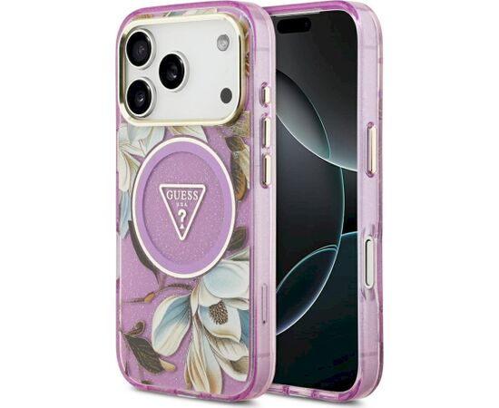 Guess IML Glitter Flowers Triangle MagSafe Case Aizsargapvalks priekš iPhone 18 Pro / violets Neoriģinālie Maciņi