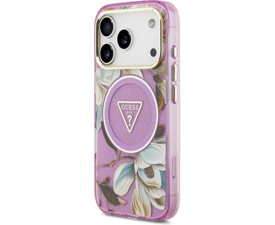 Guess IML Glitter Flowers Triangle MagSafe Case Aizsargapvalks priekš iPhone 18 Pro / violets Neoriģinālie Maciņi