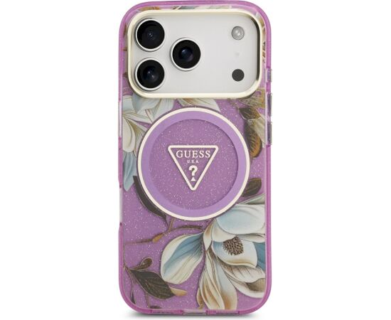 Guess IML Glitter Flowers Triangle MagSafe Case Aizsargapvalks priekš iPhone 18 Pro / violets Neoriģinālie Maciņi