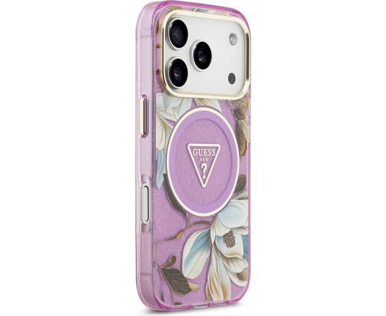 Guess IML Glitter Flowers Triangle MagSafe Case Aizsargapvalks priekš iPhone 18 Pro / violets Neoriģinālie Maciņi