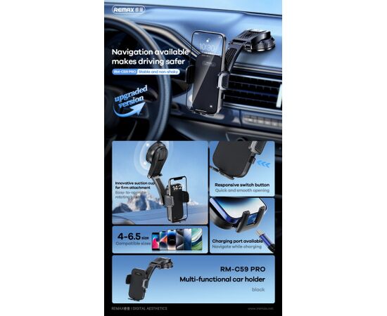 Car phone holder Remax RM-C59 PRO (dashboard) black Telefonu Turētāji Auto Velo Moto
