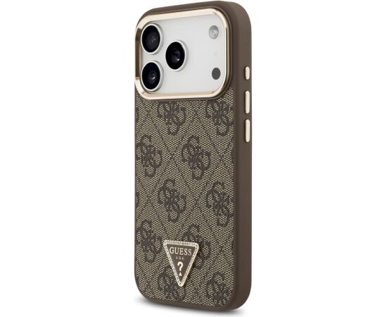 Guess PU Leather 4G Strass Triangle Logo Gold Frame MagSafe Aizsargapvalks priekš iPhone 18 Pro / brūns Neoriģinālie Maciņi