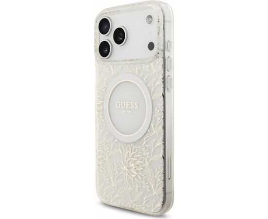 Guess IML Flowers Allover Strap MagSafe Case Aizsargapvalks priekš iPhone 18 Pro Max / balts Neoriģinālie Maciņi