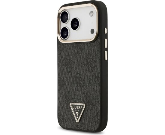 Guess PU Leather 4G Strass Triangle Logo Gold Frame MagSafe Aizsargapvalks priekš iPhone 18 Pro / melns Neoriģinālie Maciņi