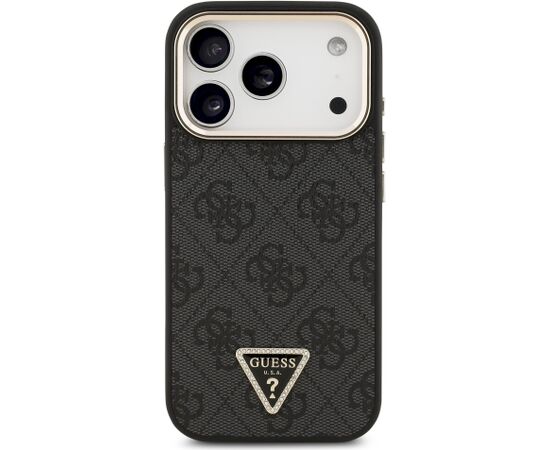 Guess PU Leather 4G Strass Triangle Logo Gold Frame MagSafe Aizsargapvalks priekš iPhone 18 Pro / melns Neoriģinālie Maciņi