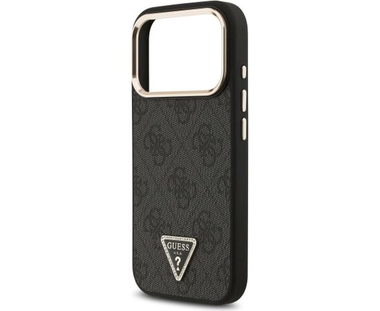 Guess PU Leather 4G Strass Triangle Logo Gold Frame MagSafe Aizsargapvalks priekš iPhone 18 Pro / melns Neoriģinālie Maciņi