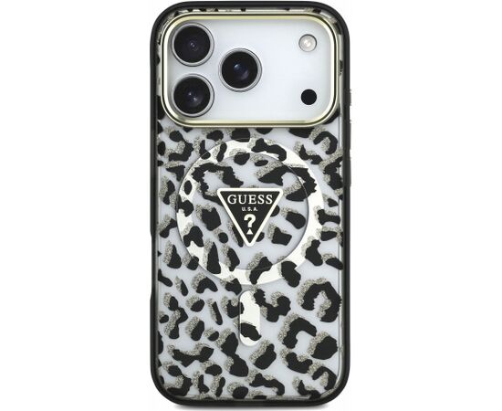 Guess IML Glitter Leopard Triangle Logo MagSafe Case Aizsargapvalks priekš iPhone 18 Pro / melns Neoriģinālie Maciņi