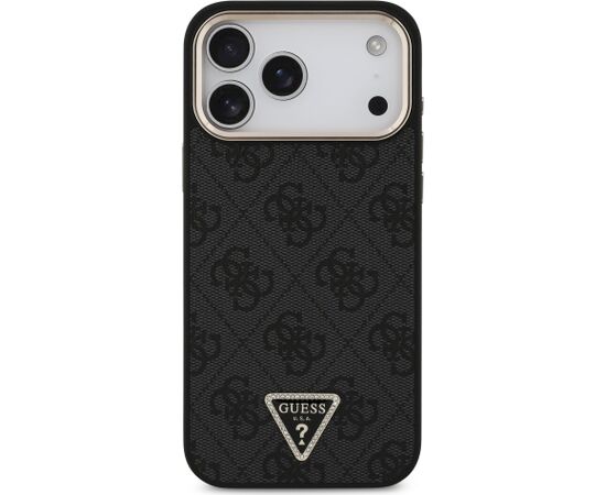 Guess PU Leather 4G Strass Triangle Logo Gold Frame MagSafe Aizsargapvalks priekš iPhone 18 Pro Max / melns Neoriģinālie Maciņi