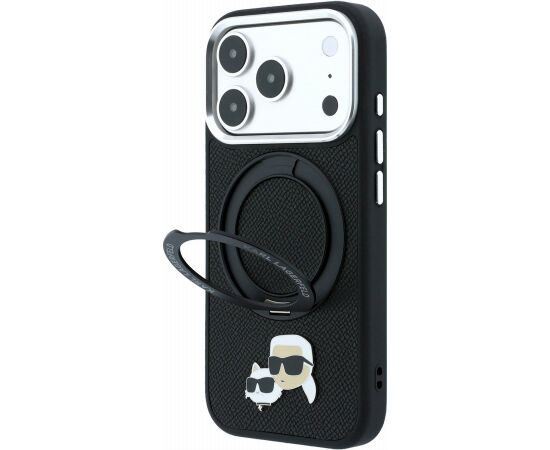 Karl Lagerfeld PU Grained K&CH Heads Ring Stand Magsafe Case Aizsargapvalks priekš iPhone 18 Pro Max / melns Neoriģinālie Maciņi