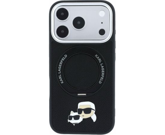 Karl Lagerfeld PU Grained K&CH Heads Ring Stand Magsafe Case Aizsargapvalks priekš iPhone 18 Pro Max / melns Neoriģinālie Maciņi