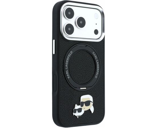 Karl Lagerfeld PU Grained K&CH Heads Ring Stand Magsafe Case Aizsargapvalks priekš iPhone 18 Pro Max / melns Neoriģinālie Maciņi