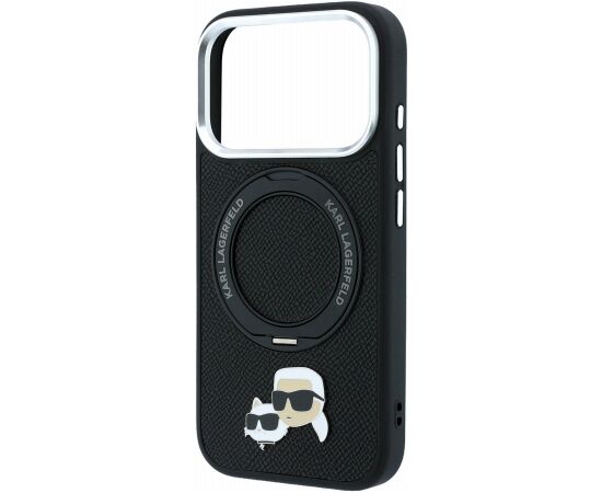 Karl Lagerfeld PU Grained K&CH Heads Ring Stand Magsafe Case Aizsargapvalks priekš iPhone 18 Pro Max / melns Neoriģinālie Maciņi