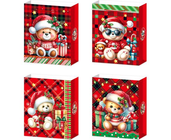 Gift bag XMAS TEDDY M, 26x32x10cm, mix Подарочные пакеты