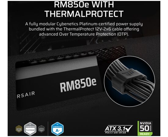Corsair RM850e (3rd Gen) (black, 1x 12-pin high power GPU, 3x PCIe, cable management, 850 watts) Datoru barošanas bloki