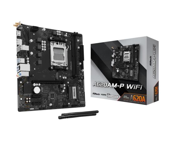 Mainboard ASROCK AMD A620A Socket AM5 micro ATX RAM DDR5-SDRAM 2xSlots Wi-Fi Yes Bluetooth Yes 1xNumber of M.2 (M) slots A620AM-PWIFI Mātes plates