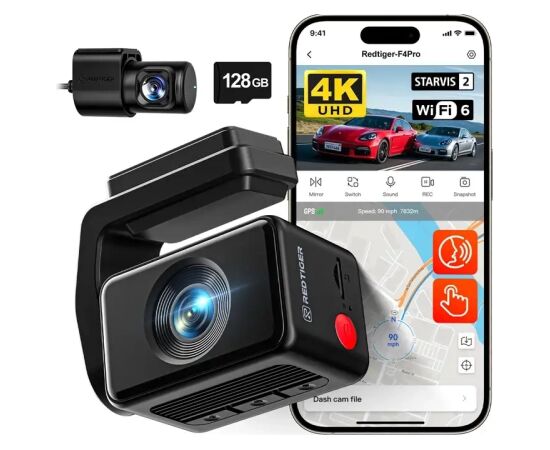 REDTIGER F4 Pro WiFi 4K + 1080p 128GB Dash Cam Video reģistratori
