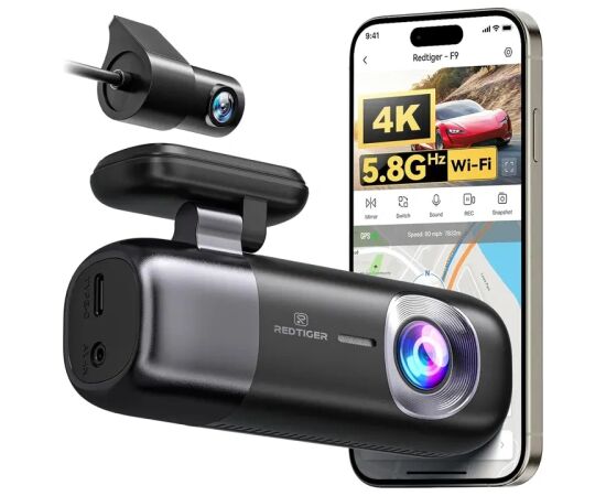 REDTIGER F9 WiFi 4K + 1080p Dash Cam Video reģistratori