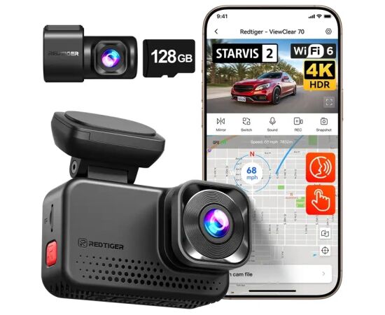 REDTIGER VC70 Wi-Fi 4K + 2.5K 128GB Dash Cam Video reģistratori