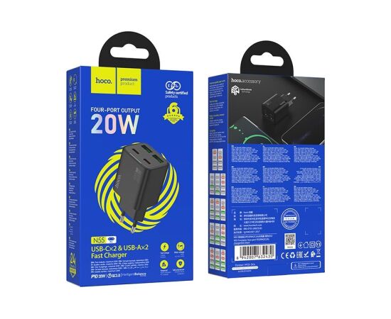 Hoco   Phone charger Hoco 2 x USB C + 2 x USB A QC3.0 PD 3A 30W N56 white Telefonu lādētāji 220v