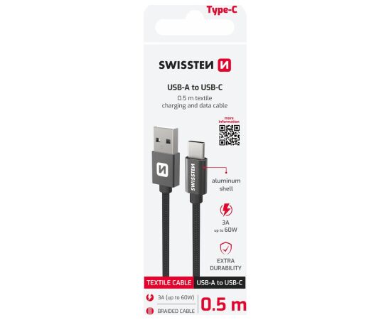 Swissten Textile USB / USB-C Провод 0.5m Черный Дата USB-кабели