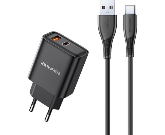 Charger Awei PD81T-EU 22.5W USB-A/USB-C + USB-A to USB-C cable 1.0m black Telefonu lādētāji 220v