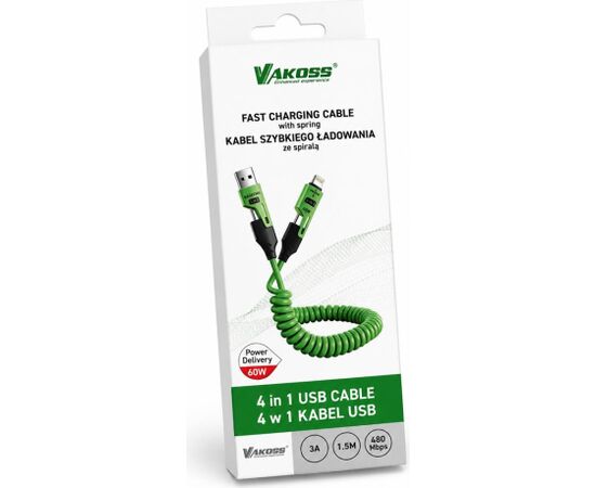 Vakoss MLU680G 4-in-1 Cable 1.5m 60W 3A QC/PD Green Дата USB-кабели