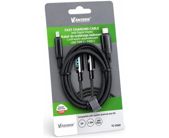 Vakoss TC-U560 USB-C to USB-C Cable with Digital Display, 100W, 1.5m, Black Дата USB-кабели
