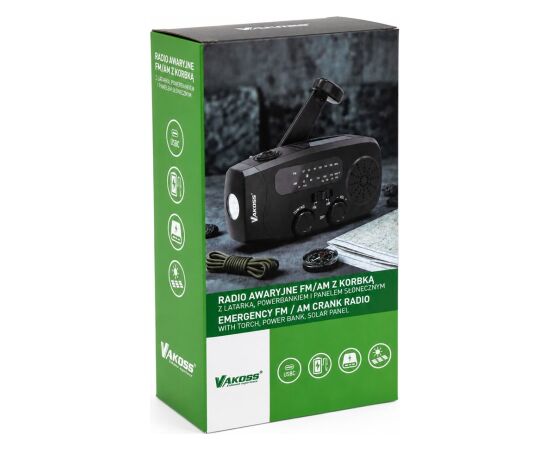 Vakoss FM-3660K FM/AM Emergency Radio with Dynamo / Flashlight / Power Bank / Solar Panel Jaunumi - Audio-Video