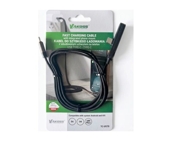 Vakoss TC-U570 USB-C to USB-C Cable with Stand Function, 100W, 1m, Black Дата USB-кабели