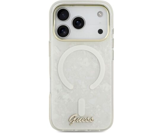 Case Guess IML Shell Script Metal MagSafe Aizsargapvalks priekš iPhone 17 Pro Max / balts Neoriģinālie Maciņi