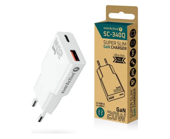 Charger everActive GaN SUPER SLIM SC-340Q USB QC3.0 and USB-C PD 20W Telefonu lādētāji 220v