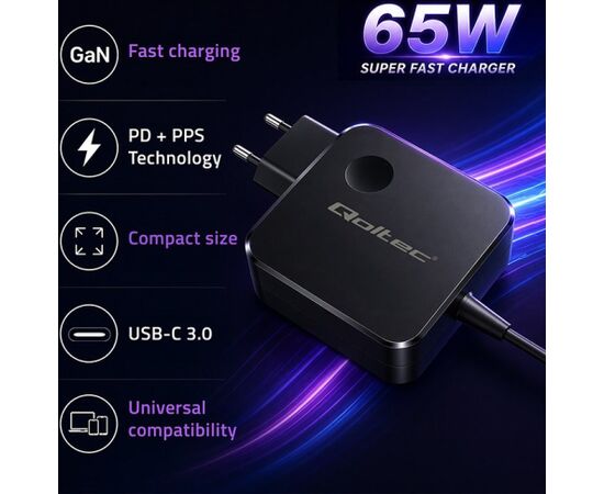 Qoltec 51778 GaN 65W charger | 5-21V | 3-3.25A | USB-C PD PPS Telefonu lādētāji 220v